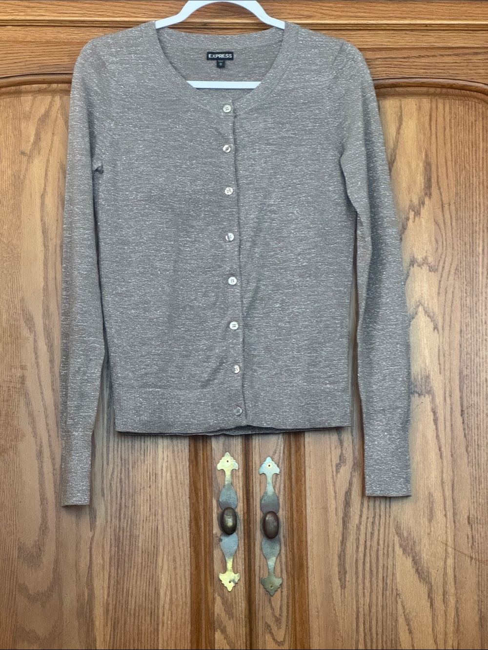 Express Metallic Taupe Button-Front Cardigan